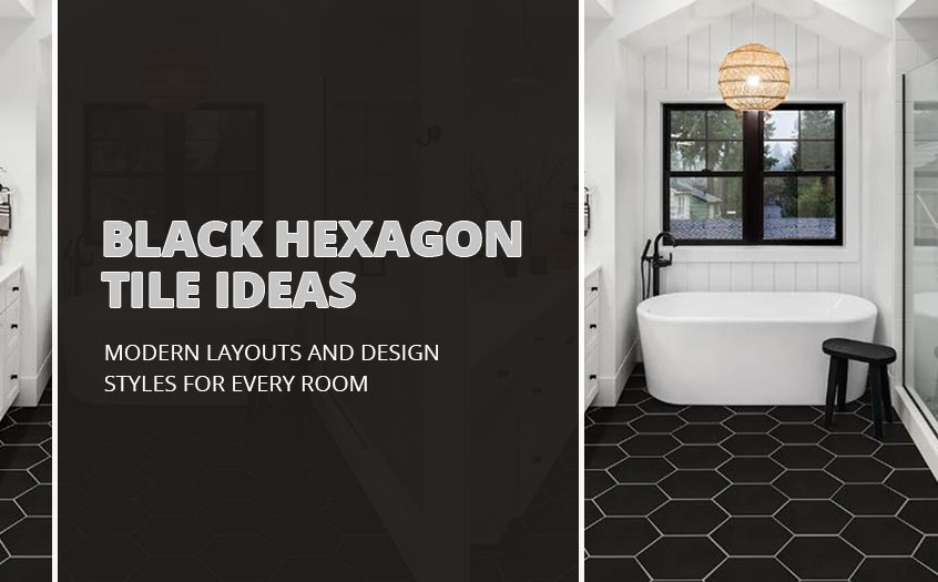 Black hexagon tile bathroom floor with modern layout, white bathtub, and minimalist interior design