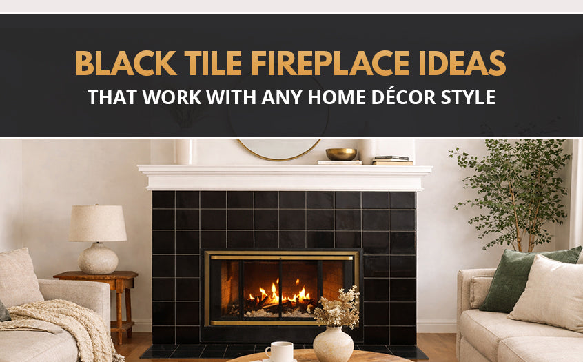 Black tile fireplace ideas featuring a modern black tile fireplace with a white mantel, neutral living room décor, and warm lighting that complements any home décor style