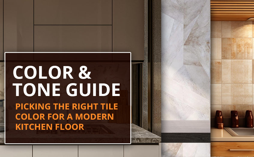 Color and tone guide banner showing modern kitchen tile floor ideas with stylish neutral tiles and contemporary cabinetry.