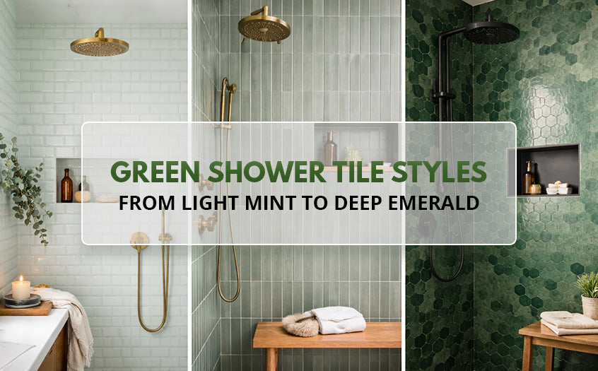 Green shower tile styles showcased from light mint subway tiles to deep emerald mosaic tiles, highlighting modern shower design ideas and color inspiration.