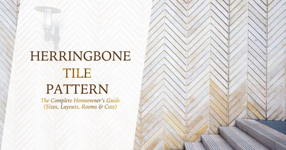 herringbone tile pattern on neutral stairway feature wall