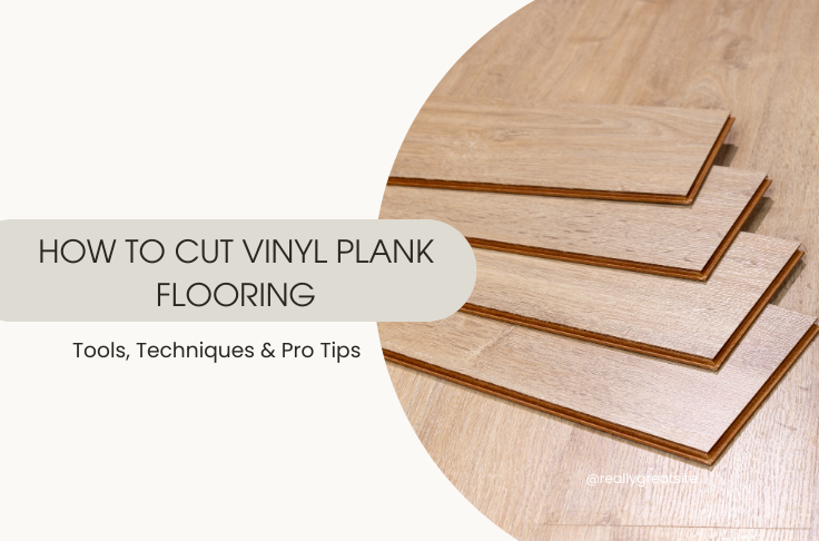 Stacked vinyl plank flooring pieces on a wooden surface with text overlay reading “How to Cut Vinyl Plank Flooring: Tools, Techniques & Pro Tips