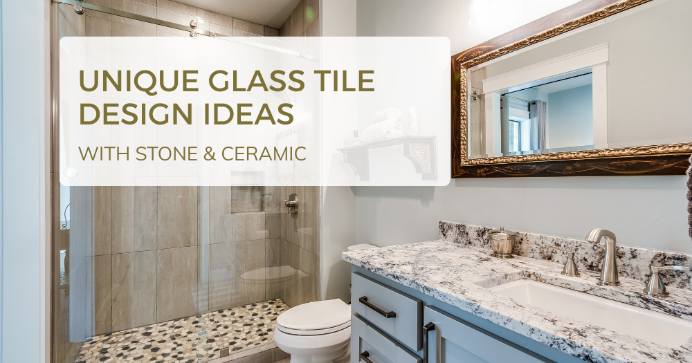 Bathroom with glass, stone, and ceramic tile design featuring a modern shower and granite vanity.