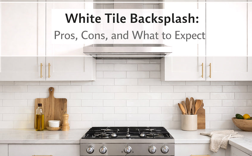 Modern kitchen with white tile backsplash, demonstrating the style, benefits, and considerations of a white tile backsplash
