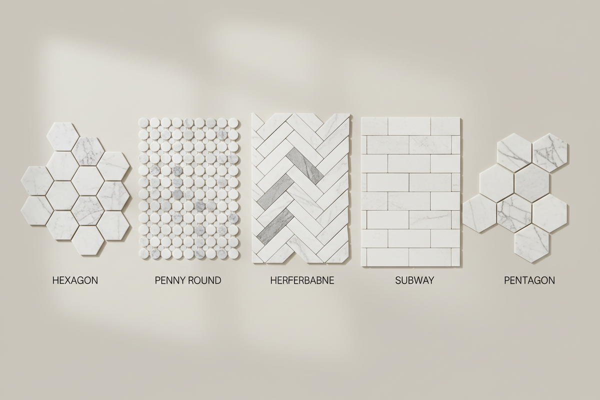 Marble Mosaic Shapes Explained: Hexagon vs Penny Round vs Herringbone vs Subway vs Pentagon