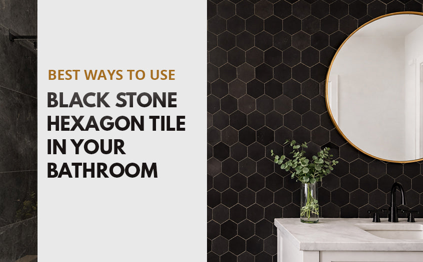 Modern black stone hexagon tile bathroom design featuring a hexagon tile wall, round mirror, and minimalist vanity for contemporary bathroom inspiration