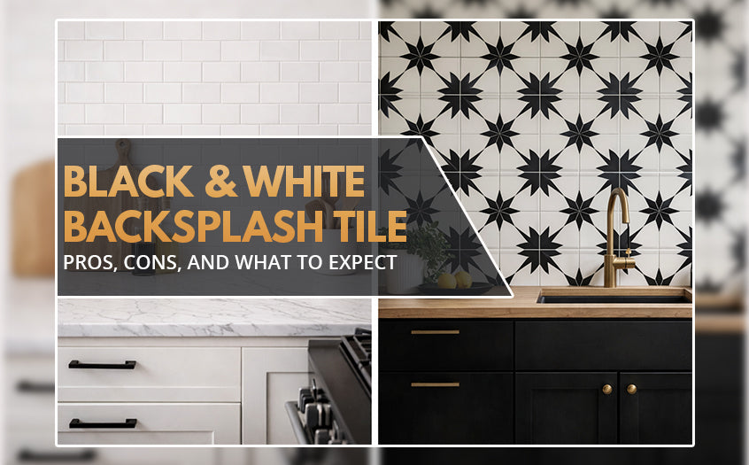 Black and white backsplash tile kitchen design showcasing patterned tiles, white subway tile, and modern cabinetry to highlight pros, cons, and style options