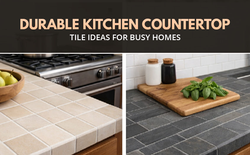Durable kitchen countertop tile ideas featuring light and dark tiled surfaces designed for busy homes with everyday cooking and prep use