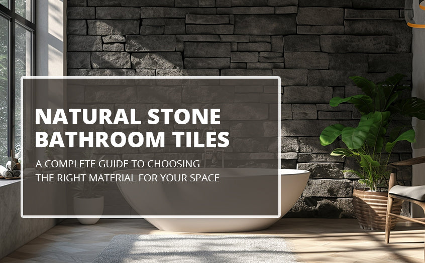 Modern bathroom featuring natural stone bathroom tiles on the wall, showcasing a spa-inspired design with textured stone and a freestanding bathtub.