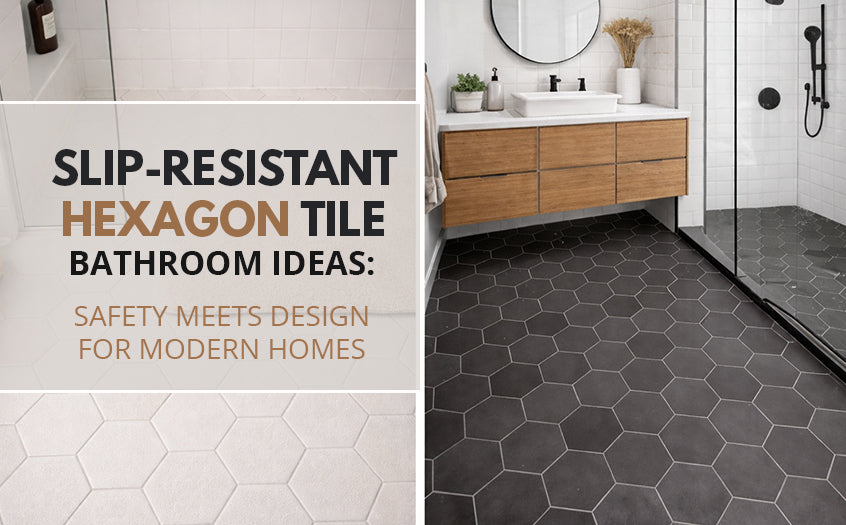 Slip-resistant hexagon tile bathroom with matte black hexagon floor tiles, modern vanity, and walk-in shower designed for safety and style