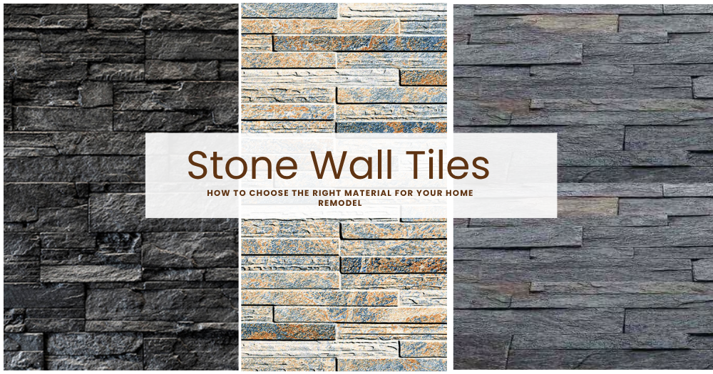 Collage of different stone wall tiles in dark grey, multicolor stacked stone, and textured slate, with a centered banner reading ‘Stone Wall Tiles – How to Choose the Right Material for Your Home Remodel