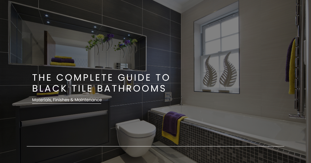 Modern black tile bathroom with porcelain tiles, floating vanity, and bathtub