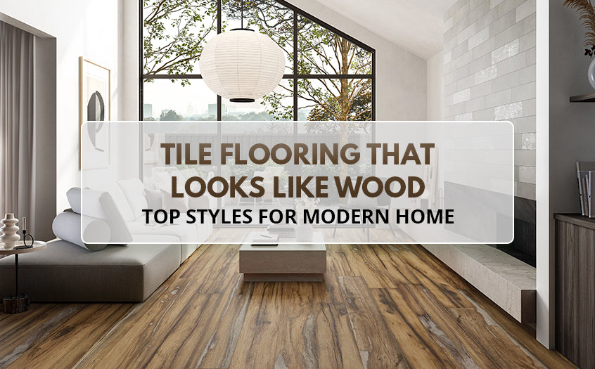 Modern living room featuring tile flooring that looks like wood, showcasing natural wood grain plank tiles in a contemporary home interior.