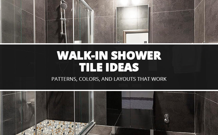 Modern walk in shower tile ideas featuring dark wall tiles, glass enclosure, and patterned mosaic tile flooring for a stylish bathroom design