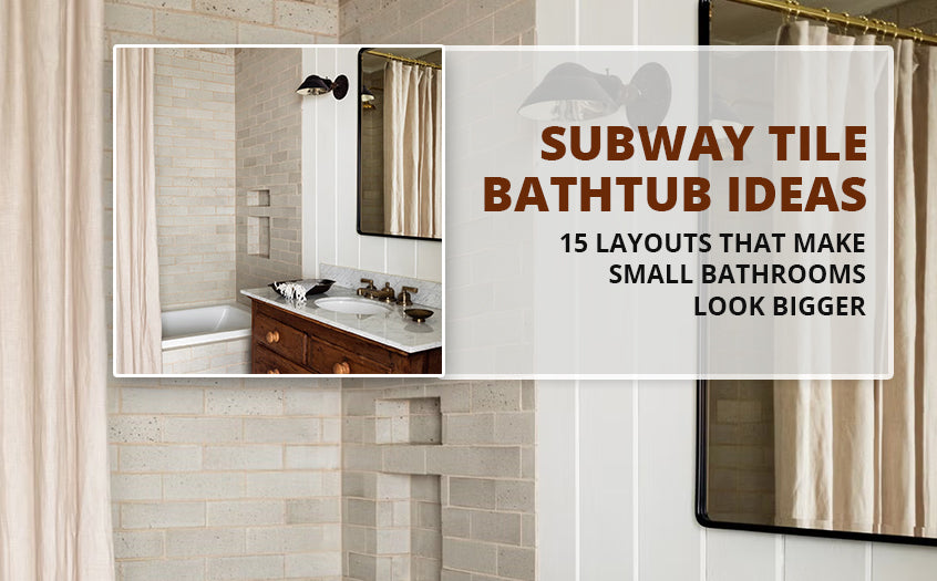 Modern bathroom featuring beige subway tile walls around a bathtub with a wooden vanity and mirror—visual guide for layout ideas that make small bathrooms appear larger.