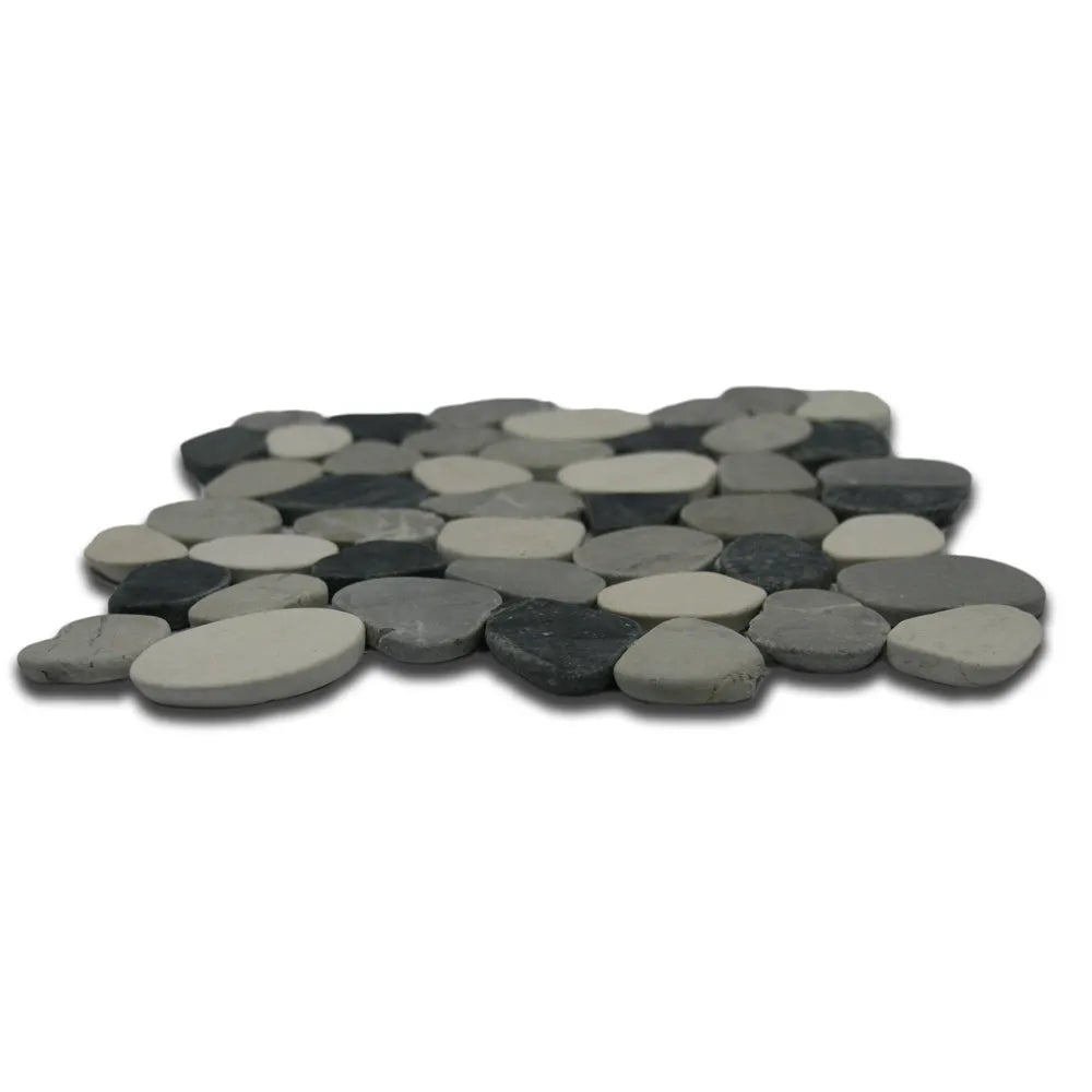 Sophisticated Sliced Pebble Mosaic in White, Black, and Grey by Tile Hub