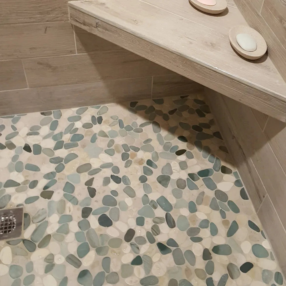 Ocean-Inspired Sliced Sea Green and White Pebble Tiles by Tile Hub