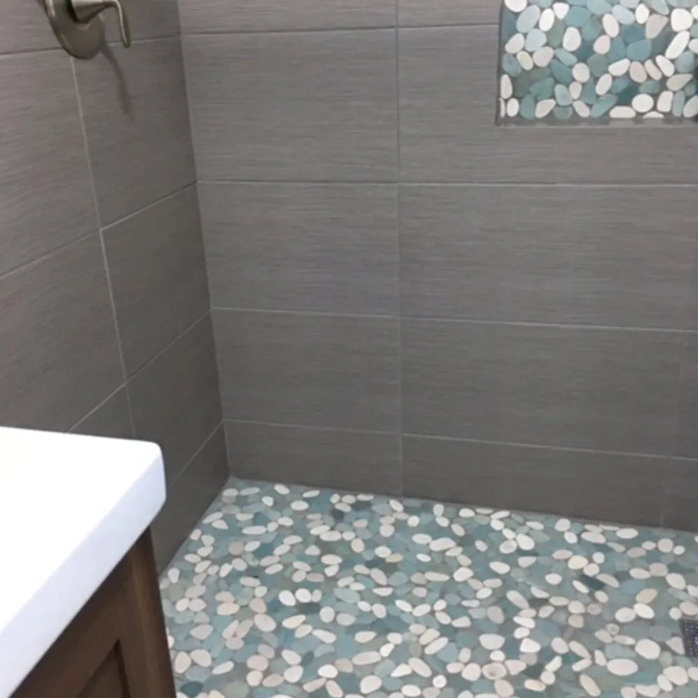 Ocean-Inspired Sliced Sea Green and White Pebble Tiles by Tile Hub