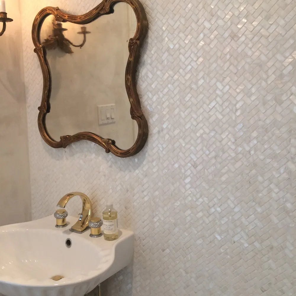 Opulent White Pearl Shell Herringbone Tiles by Tile Hub