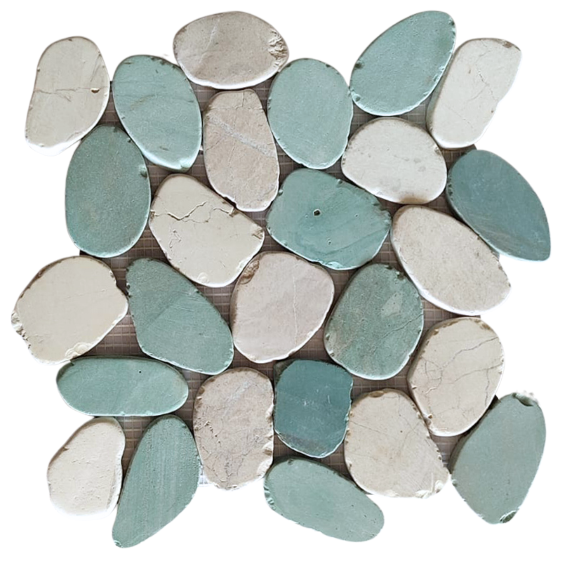 Serene Bliss XL Pebble Tiles in White & Sea Green by Tile Hub