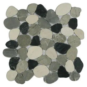 Sophisticated Sliced Pebble Mosaic in White, Black, and Grey by Tile Hub